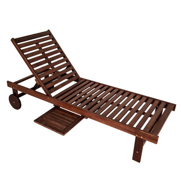 Seabrook Outdoor Acacia Wood Lounger with Cushion, 5-Position Back, Slide Table & Wheels - JONATHAN Y